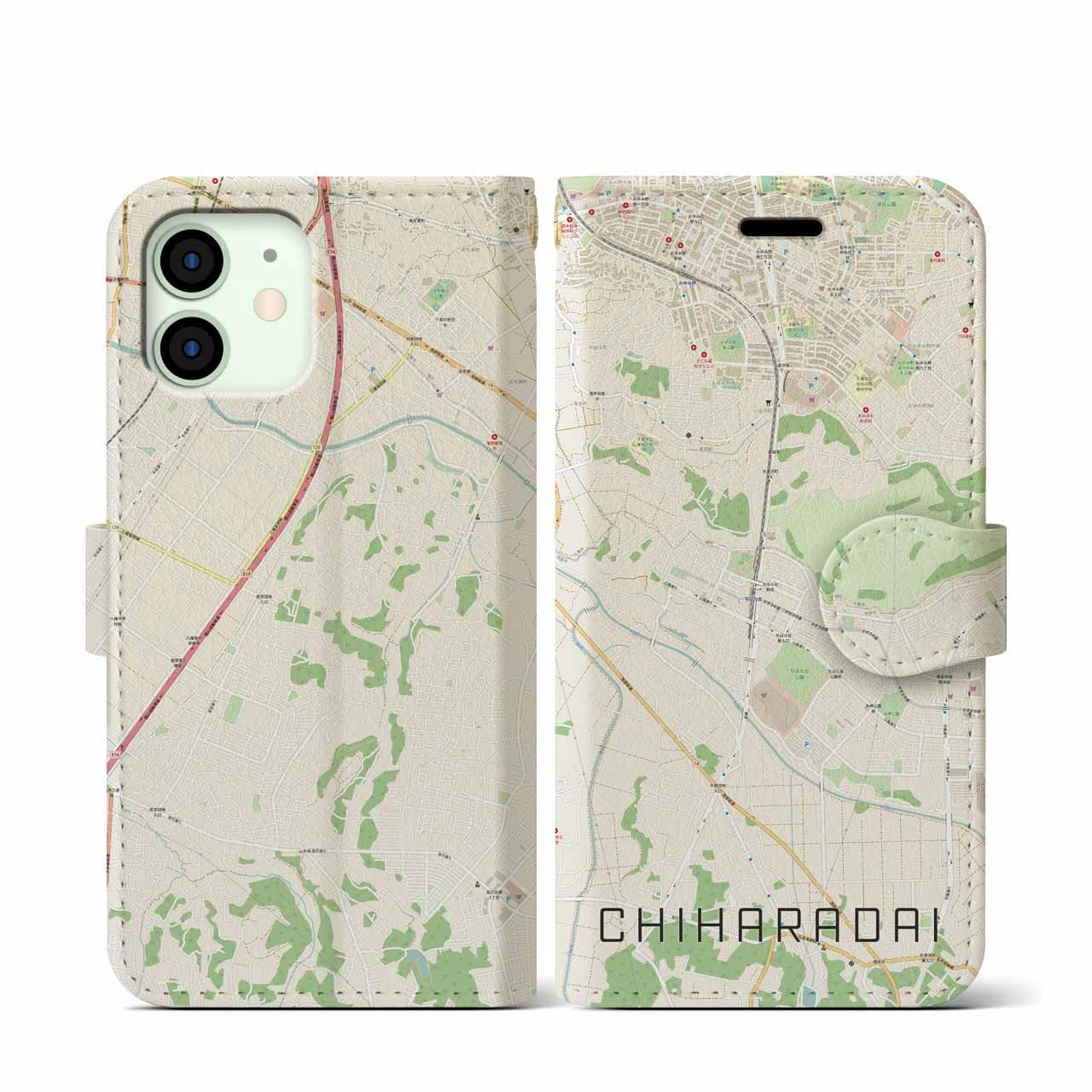 【ちはら台(千葉県)】地図柄iPhoneケース(手帳タイプ)ナチュラル・iPhone 12 mini 用