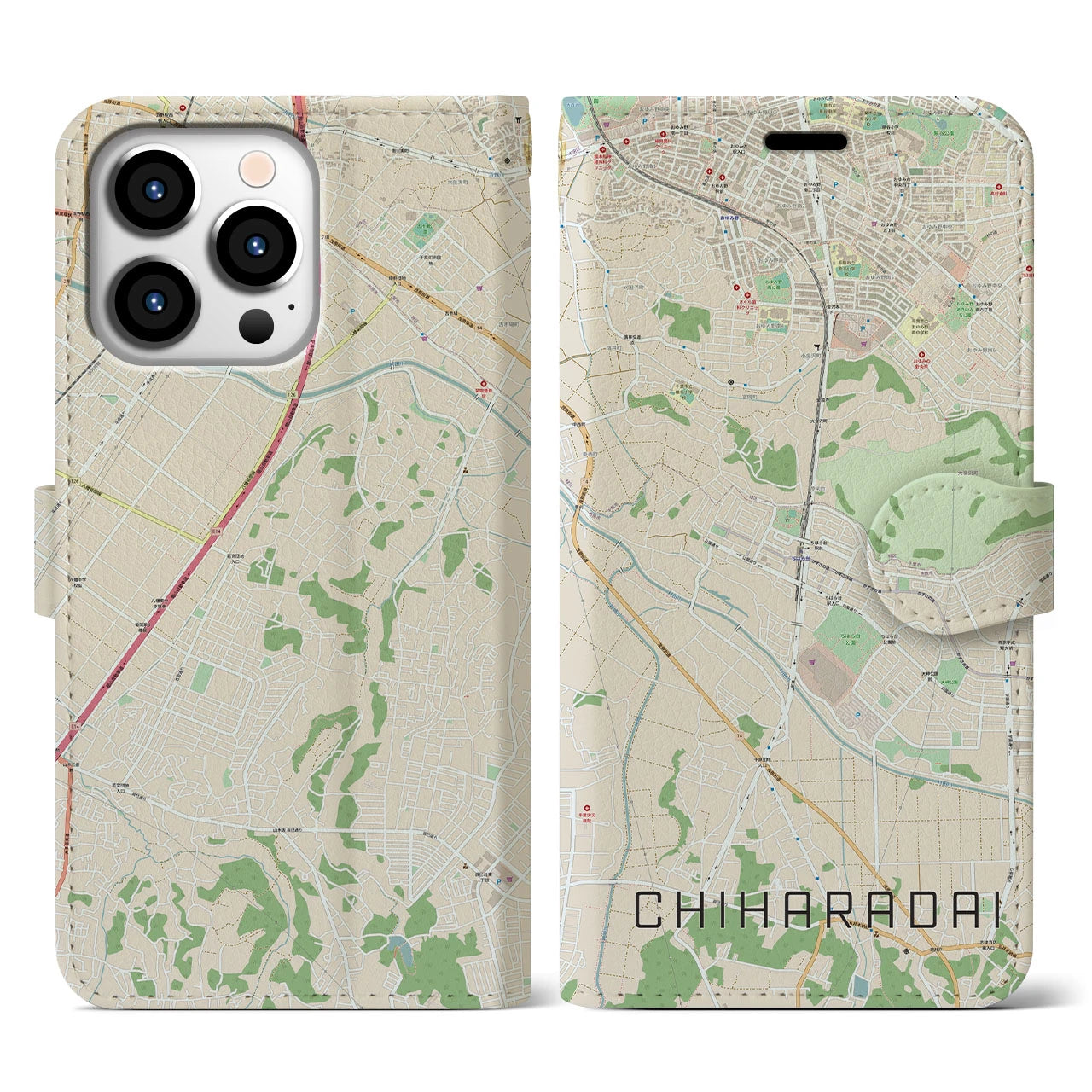 【ちはら台(千葉県)】地図柄iPhoneケース(手帳タイプ)ナチュラル・iPhone 13 Pro 用