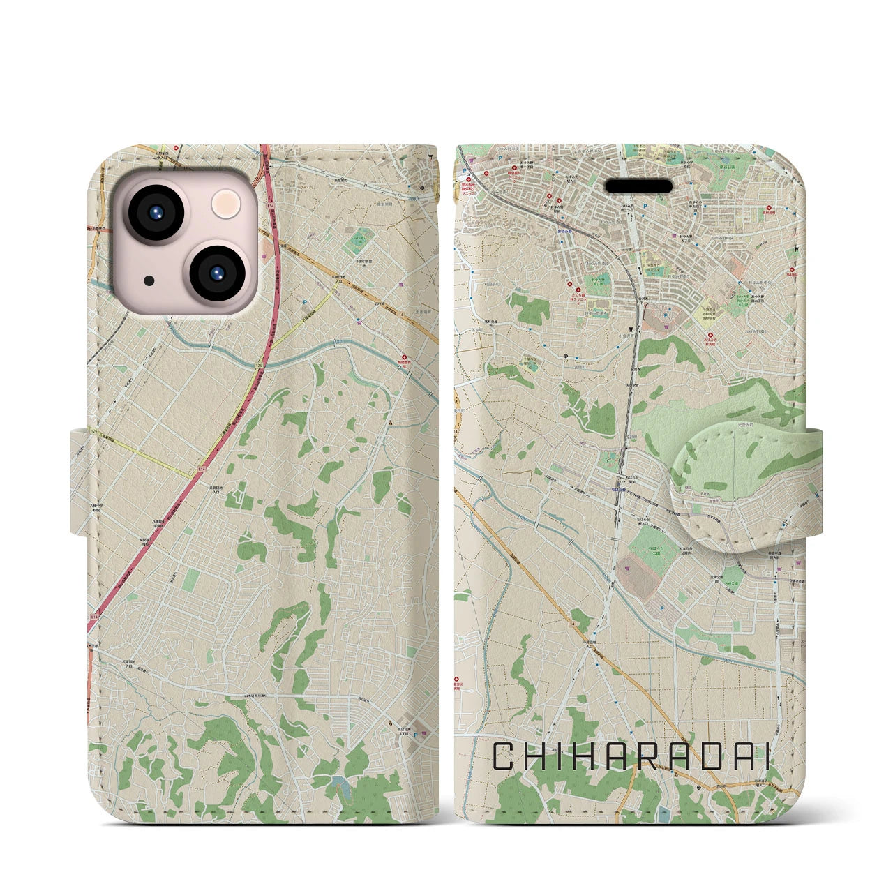 【ちはら台(千葉県)】地図柄iPhoneケース(手帳タイプ)ナチュラル・iPhone 13 mini 用