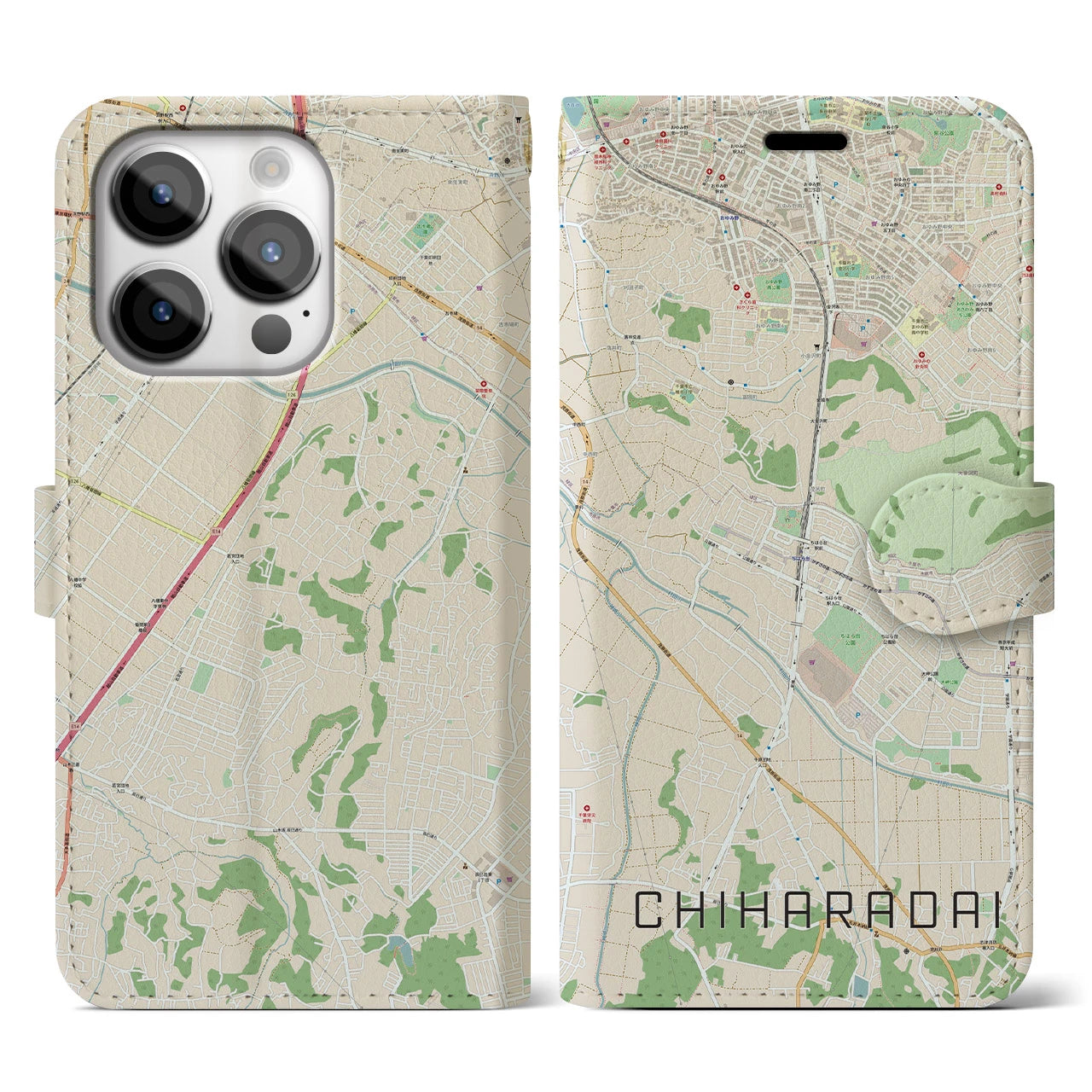 【ちはら台(千葉県)】地図柄iPhoneケース(手帳タイプ)ナチュラル・iPhone 14 Pro 用