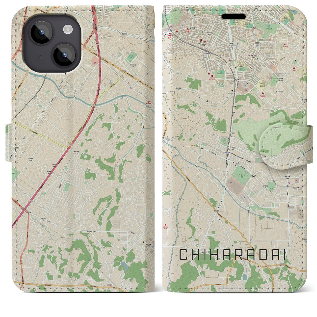 【ちはら台(千葉県)】地図柄iPhoneケース(手帳タイプ)ナチュラル・iPhone 14 Plus 用