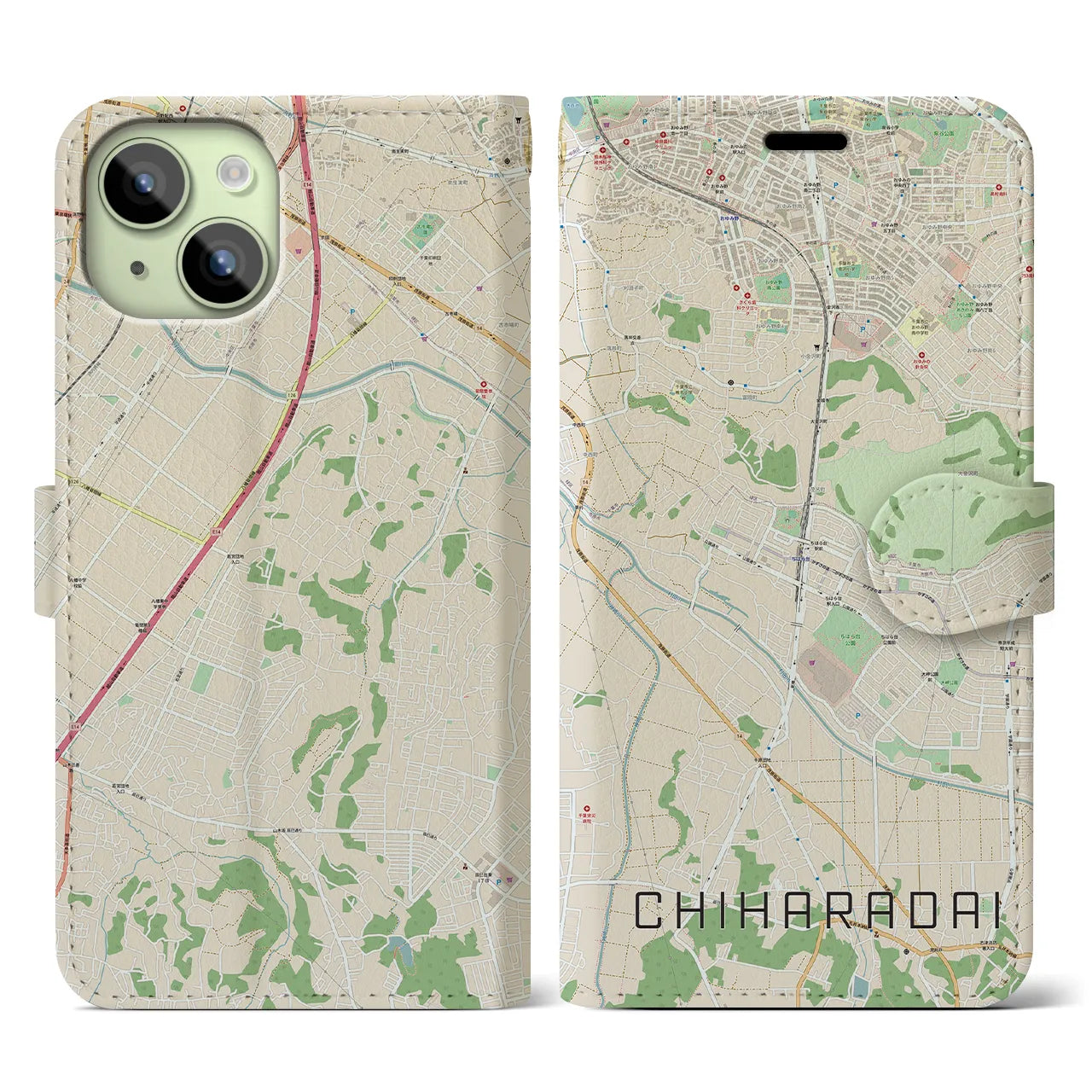 【ちはら台(千葉県)】地図柄iPhoneケース(手帳タイプ)ナチュラル・iPhone 15 用