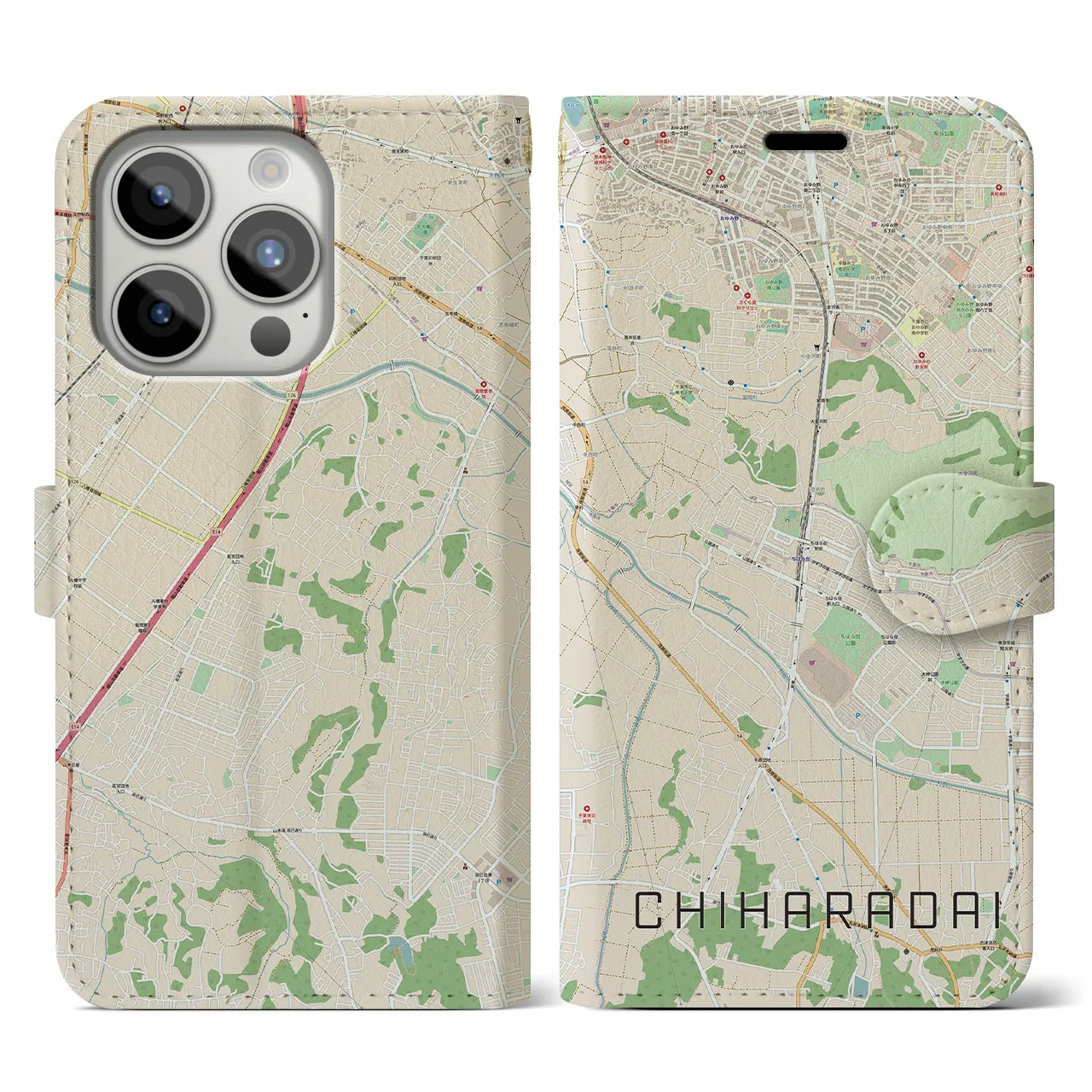 【ちはら台(千葉県)】地図柄iPhoneケース(手帳タイプ)ナチュラル・iPhone 15 Pro 用