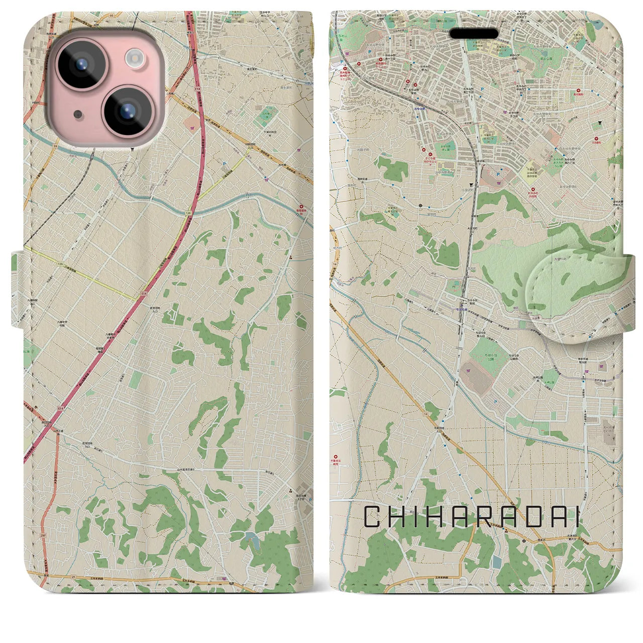 【ちはら台(千葉県)】地図柄iPhoneケース(手帳タイプ)ナチュラル・iPhone 15 Plus 用