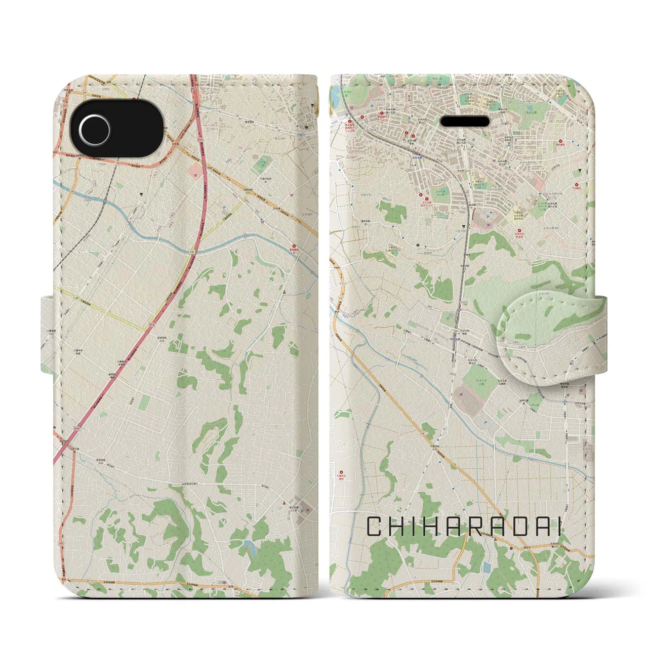 【ちはら台(千葉県)】地図柄iPhoneケース(手帳タイプ)ナチュラル・iPhone SE(第3 / 第2世代) / 8 / 7 / 6s / 6 用