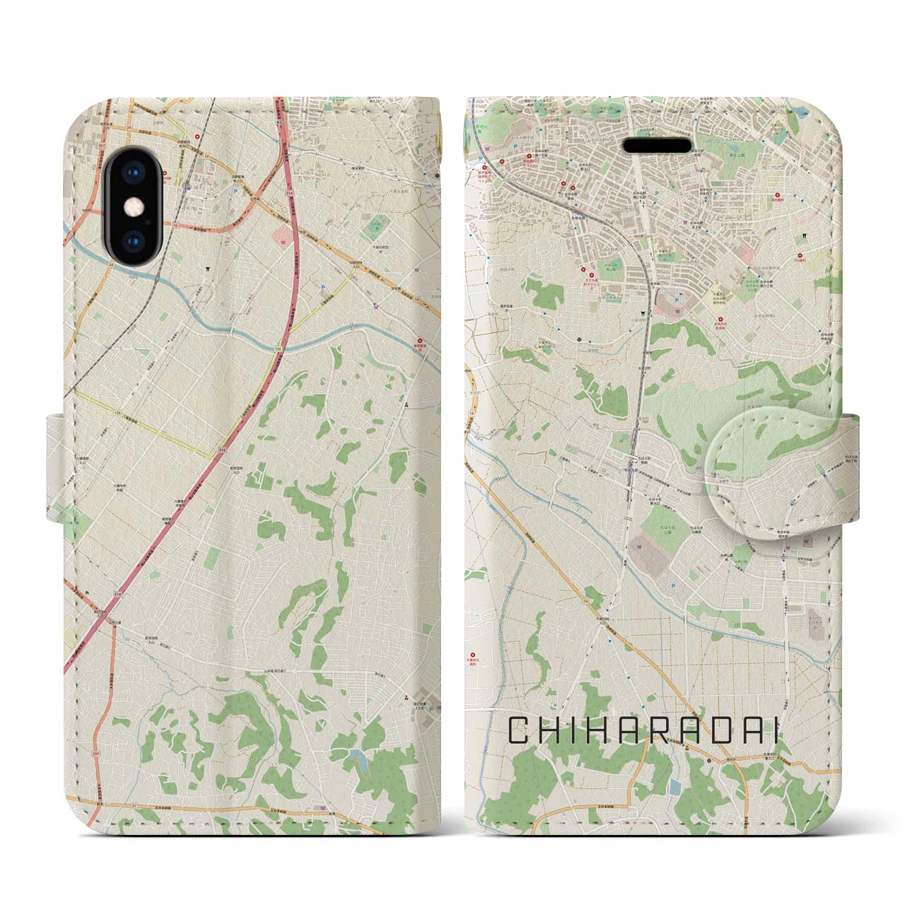 【ちはら台(千葉県)】地図柄iPhoneケース(手帳タイプ)ナチュラル・iPhone XS / X 用