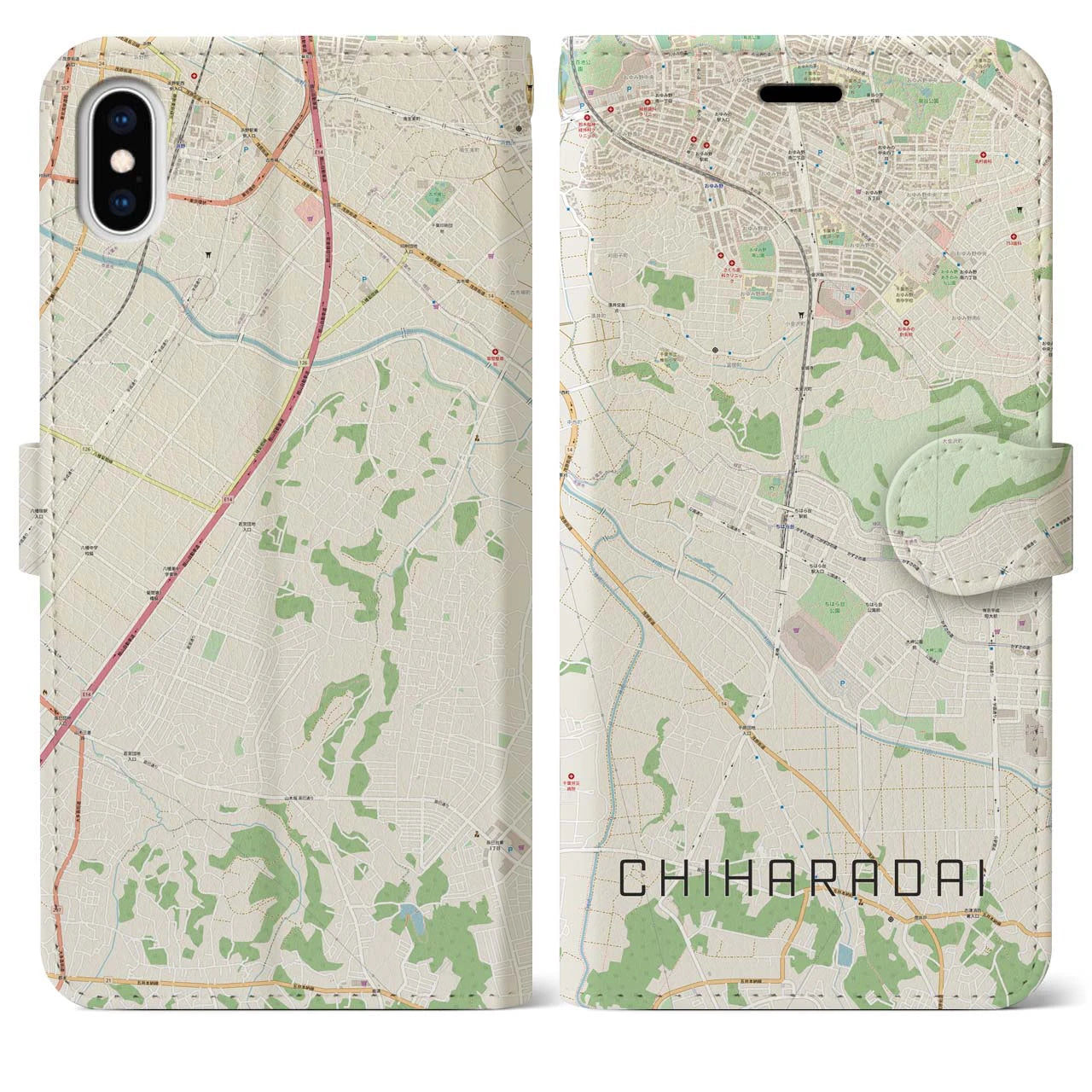 【ちはら台(千葉県)】地図柄iPhoneケース(手帳タイプ)ナチュラル・iPhone XS Max 用