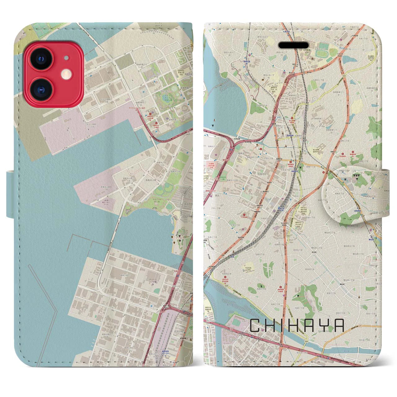 【千早(福岡県)】地図柄iPhoneケース(手帳タイプ)ナチュラル・iPhone 11 用