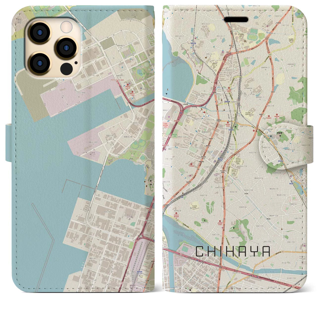 【千早(福岡県)】地図柄iPhoneケース(手帳タイプ)ナチュラル・iPhone 12 Pro Max 用