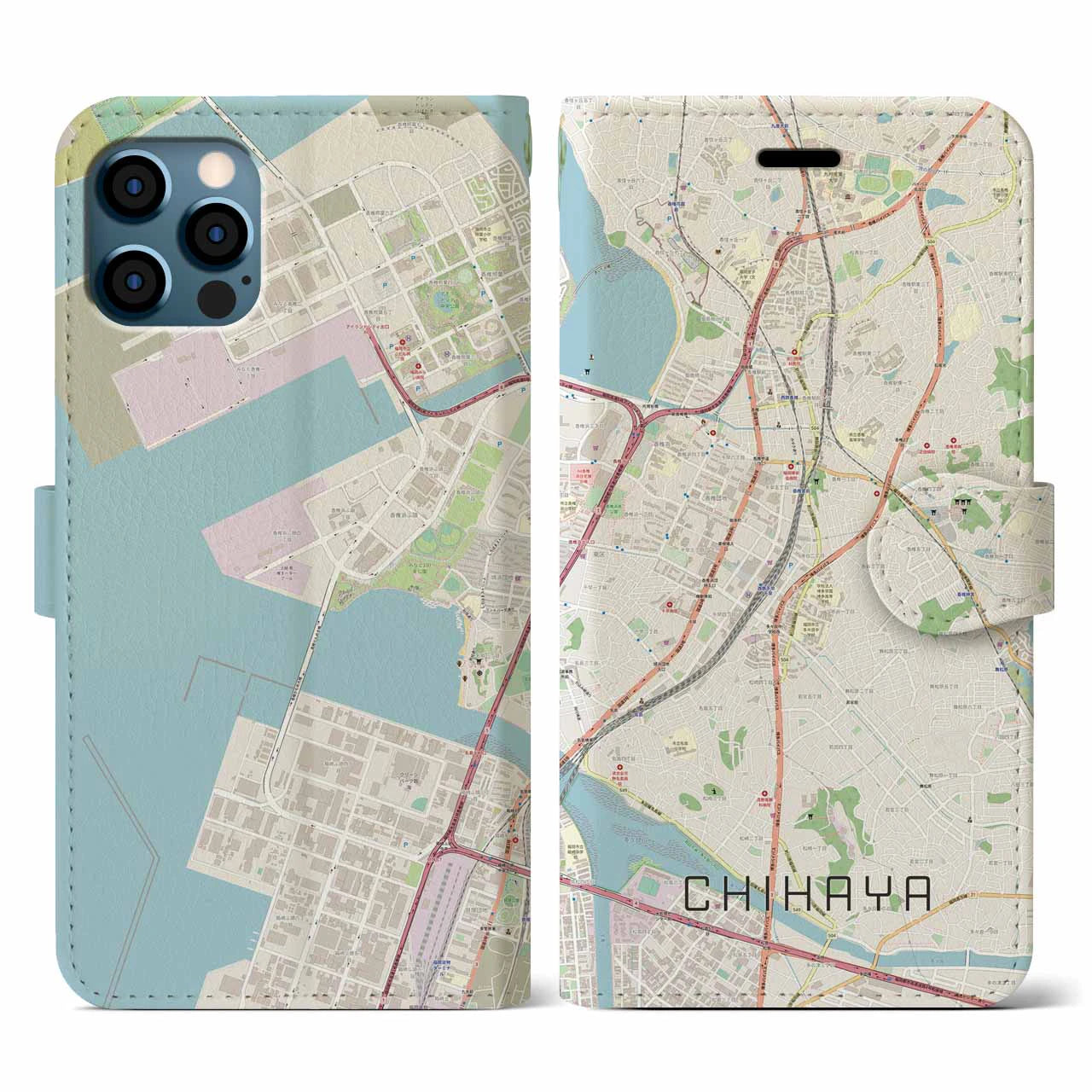 【千早(福岡県)】地図柄iPhoneケース(手帳タイプ)ナチュラル・iPhone 12 / 12 Pro 用