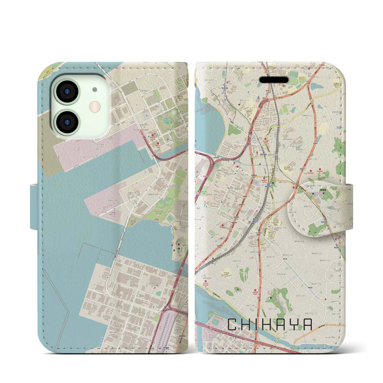 【千早(福岡県)】地図柄iPhoneケース(手帳タイプ)ナチュラル・iPhone 12 mini 用
