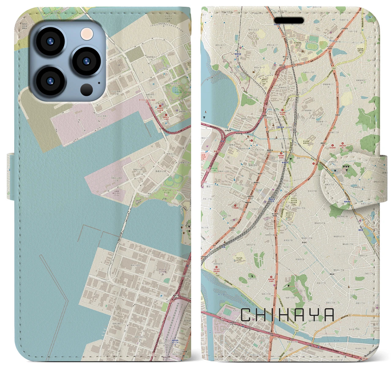【千早(福岡県)】地図柄iPhoneケース(手帳タイプ)ナチュラル・iPhone 13 Pro Max 用