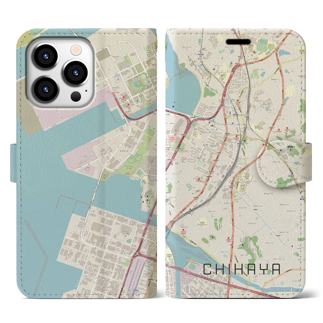 【千早(福岡県)】地図柄iPhoneケース(手帳タイプ)ナチュラル・iPhone 13 Pro 用