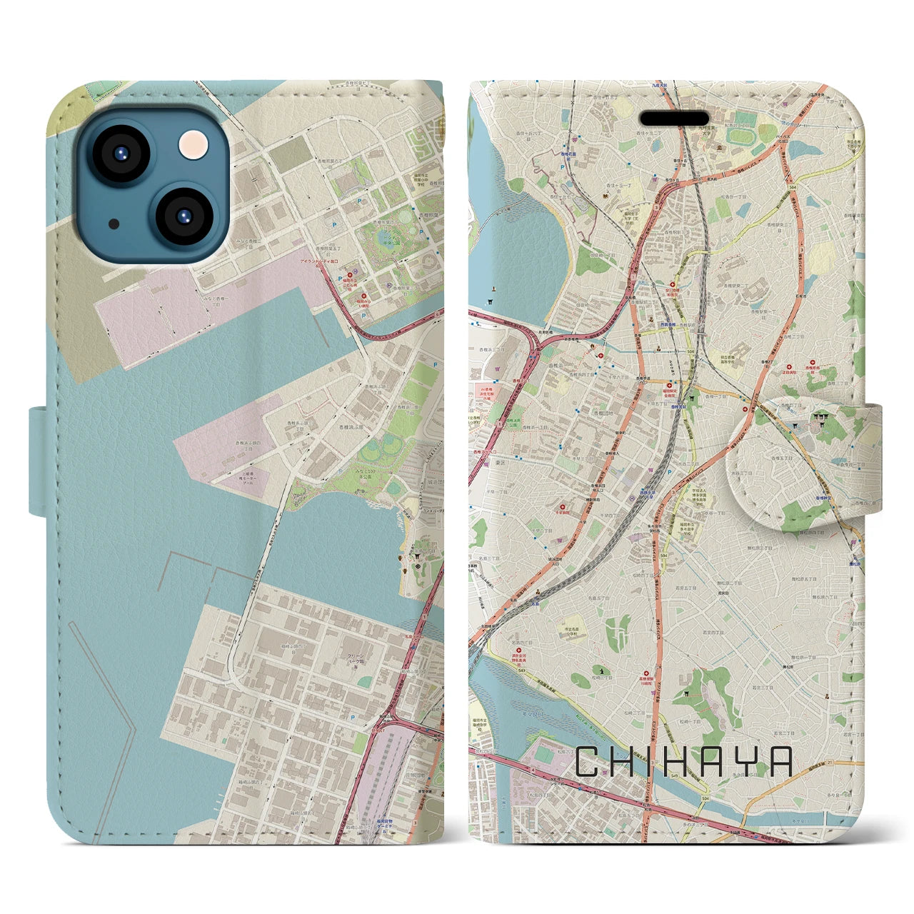 【千早(福岡県)】地図柄iPhoneケース(手帳タイプ)ナチュラル・iPhone 13 用
