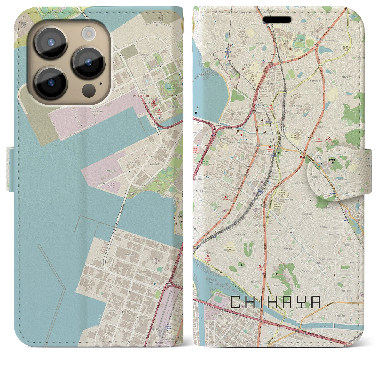 【千早(福岡県)】地図柄iPhoneケース(手帳タイプ)ナチュラル・iPhone 14 Pro Max 用