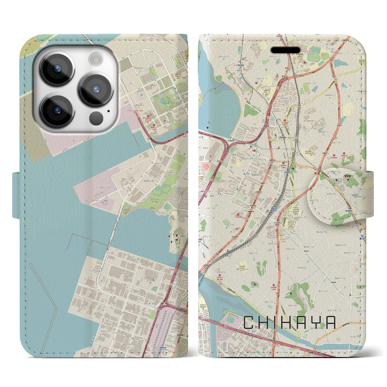【千早(福岡県)】地図柄iPhoneケース(手帳タイプ)ナチュラル・iPhone 14 Pro 用
