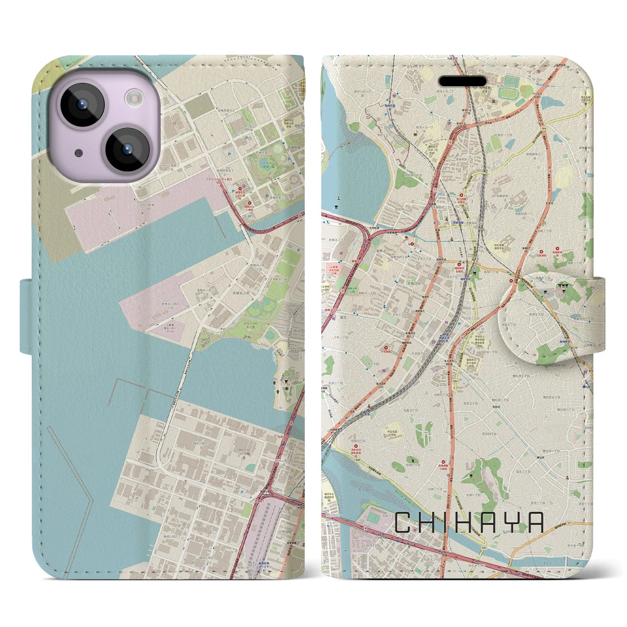 【千早(福岡県)】地図柄iPhoneケース(手帳タイプ)ナチュラル・iPhone 14 用