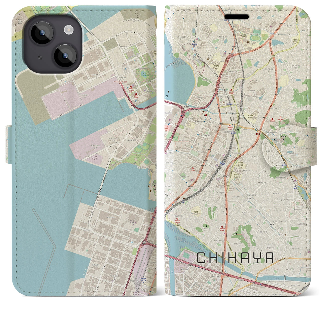 【千早(福岡県)】地図柄iPhoneケース(手帳タイプ)ナチュラル・iPhone 14 Plus 用