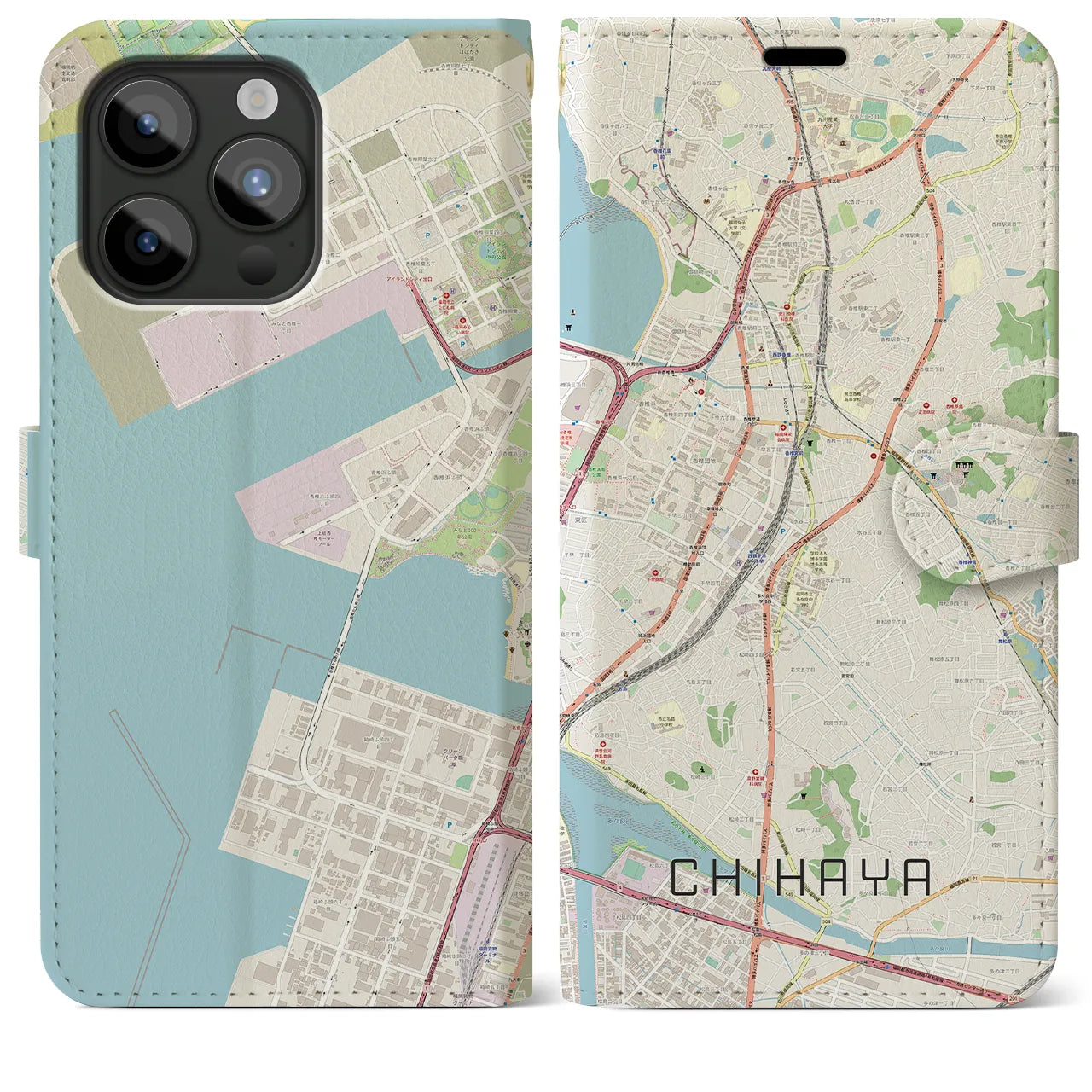【千早(福岡県)】地図柄iPhoneケース(手帳タイプ)ナチュラル・iPhone 15 Pro Max 用