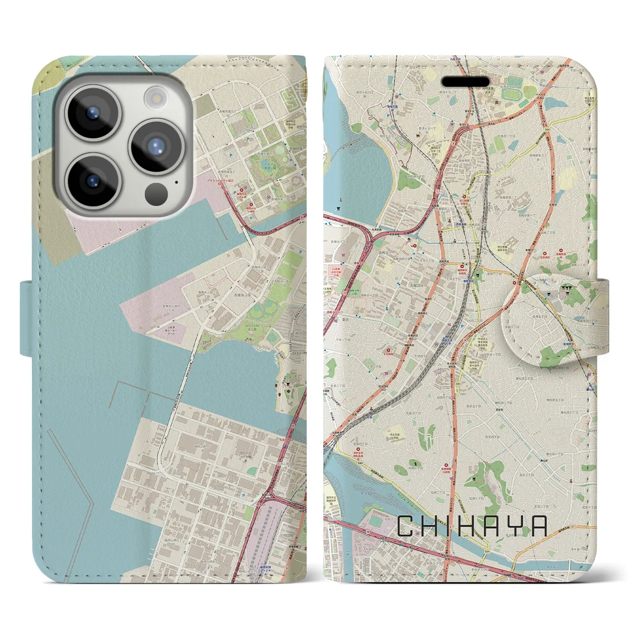 【千早(福岡県)】地図柄iPhoneケース(手帳タイプ)ナチュラル・iPhone 15 Pro 用