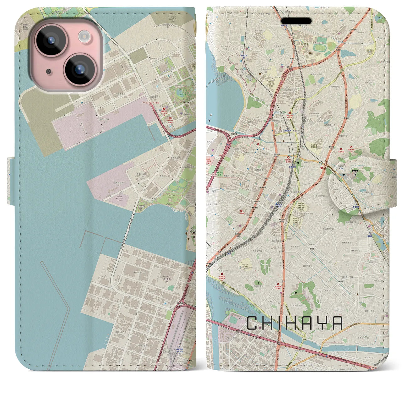 【千早(福岡県)】地図柄iPhoneケース(手帳タイプ)ナチュラル・iPhone 15 Plus 用