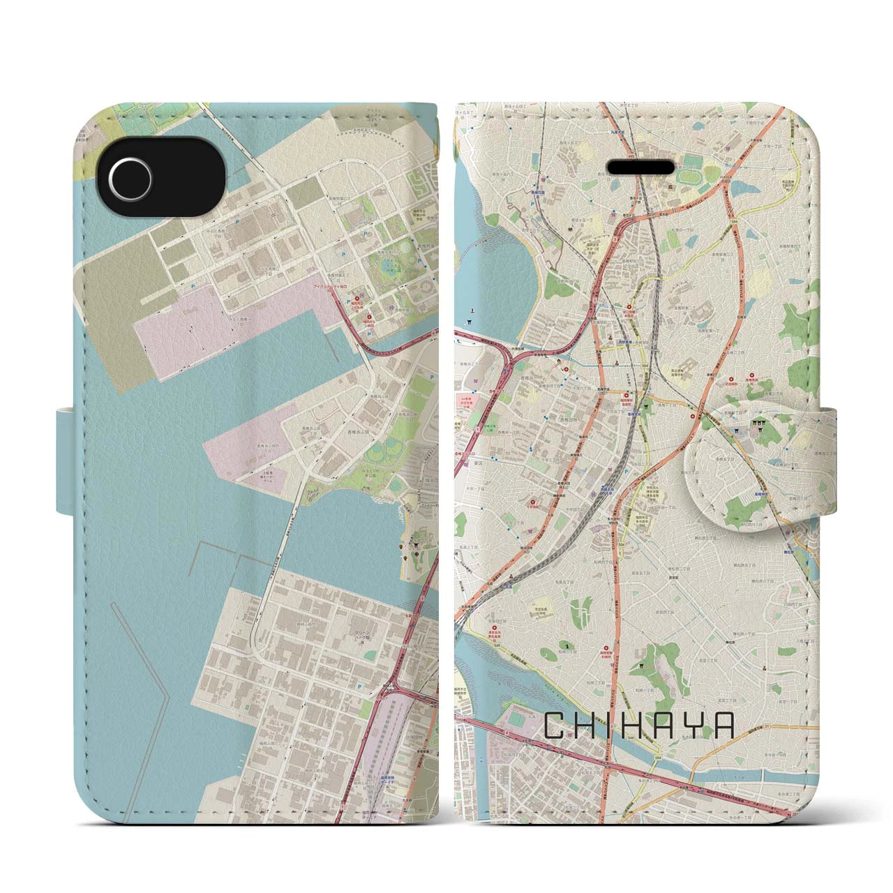【千早(福岡県)】地図柄iPhoneケース(手帳タイプ)ナチュラル・iPhone SE(第3 / 第2世代) / 8 / 7 / 6s / 6 用