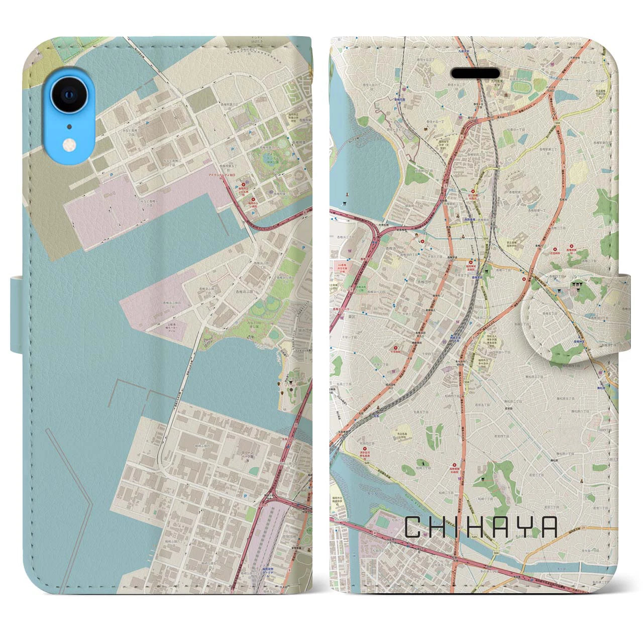 【千早(福岡県)】地図柄iPhoneケース(手帳タイプ)ナチュラル・iPhone XR 用
