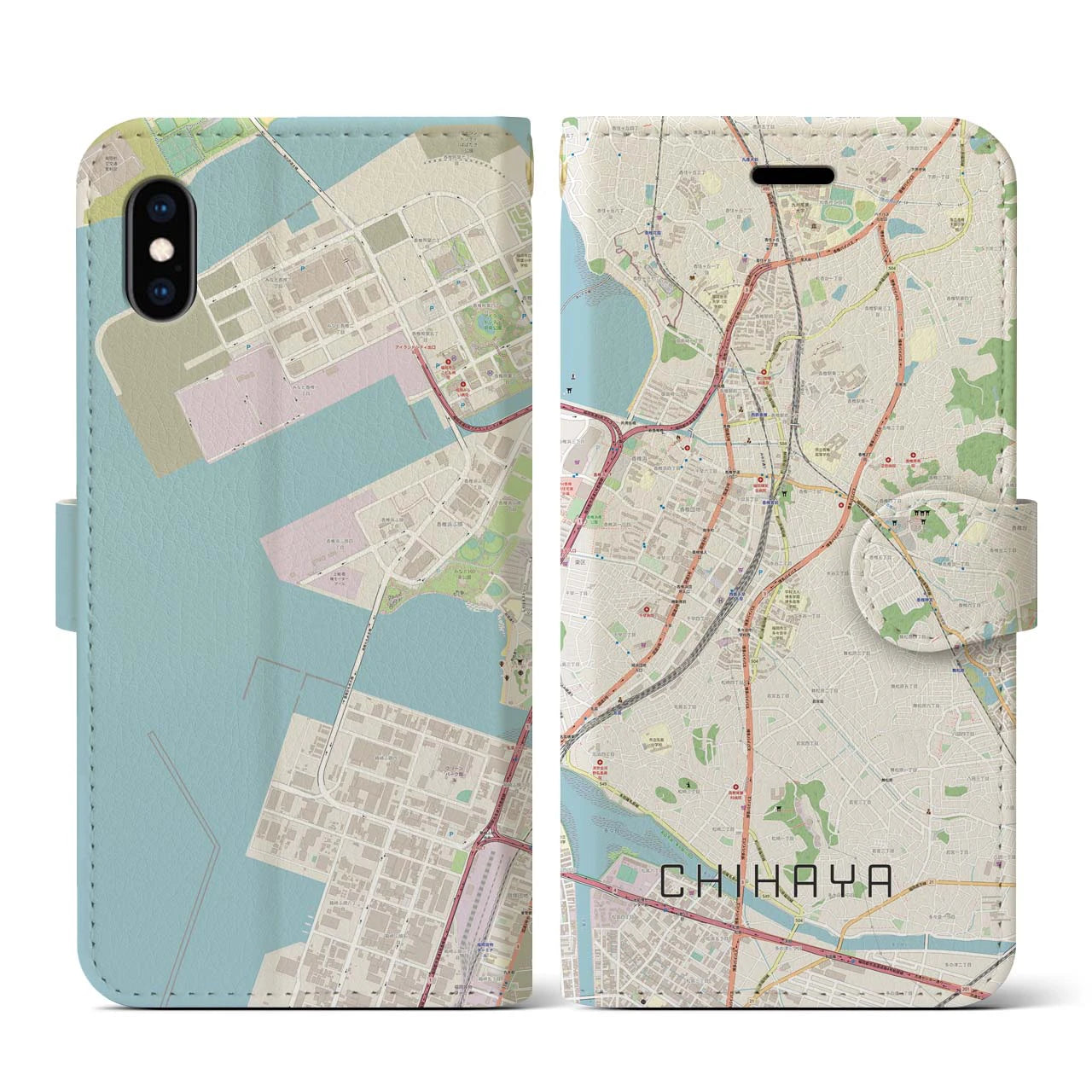 【千早(福岡県)】地図柄iPhoneケース(手帳タイプ)ナチュラル・iPhone XS / X 用