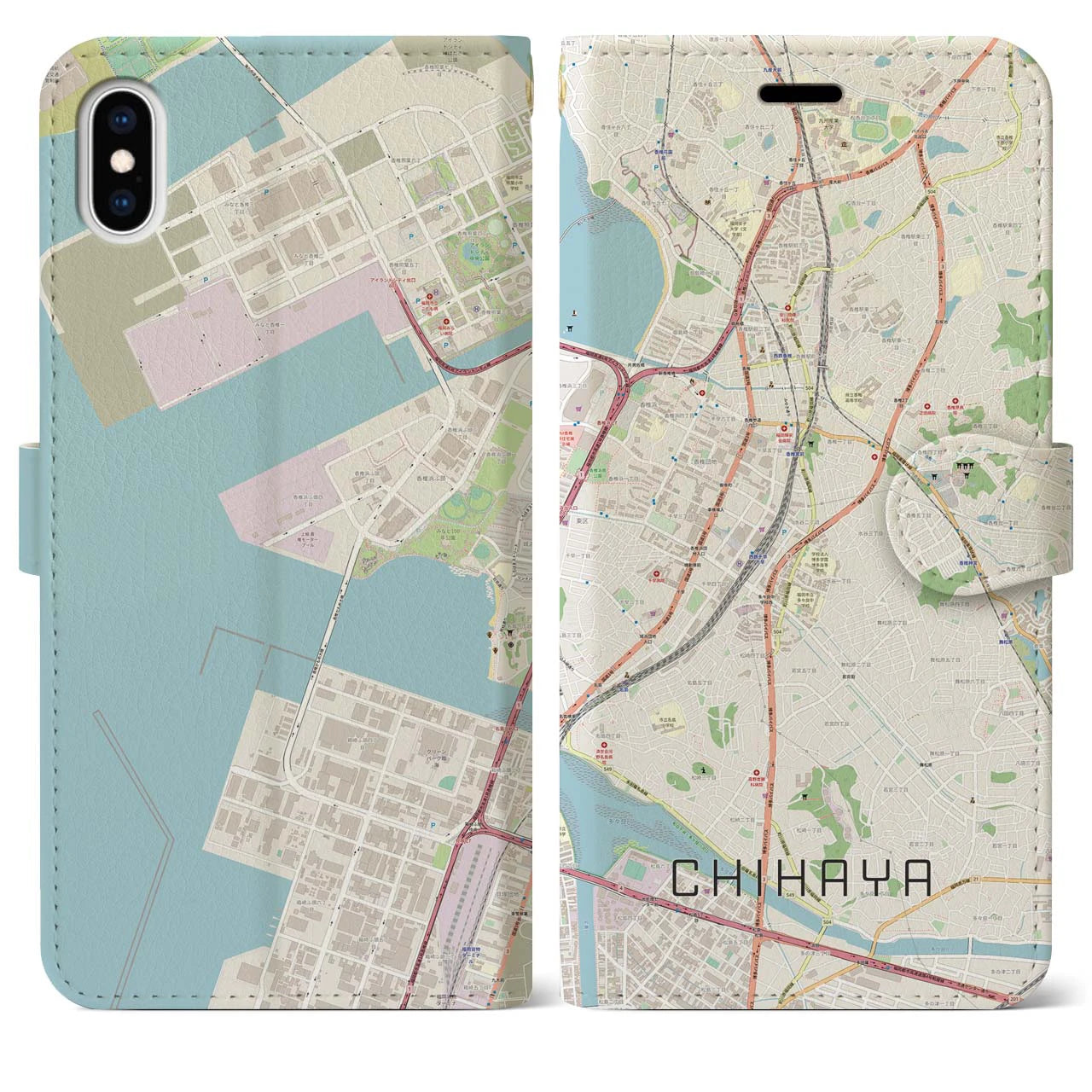 【千早(福岡県)】地図柄iPhoneケース(手帳タイプ)ナチュラル・iPhone XS Max 用