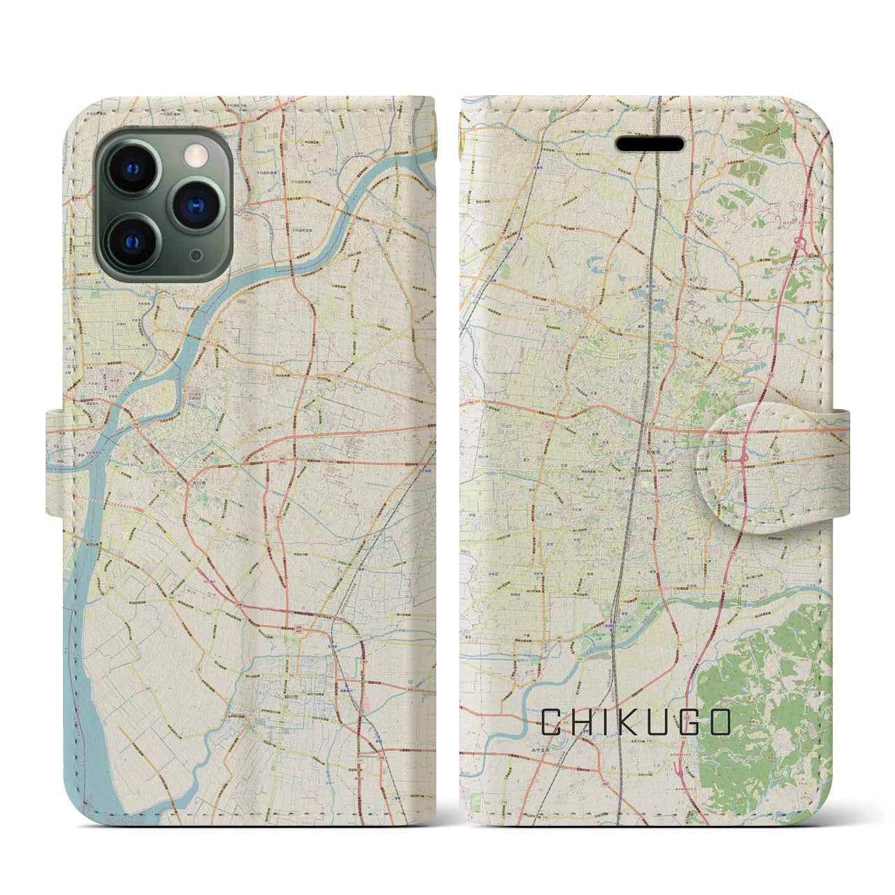 【筑後(福岡県)】地図柄iPhoneケース(手帳タイプ)ナチュラル・iPhone 11 Pro 用