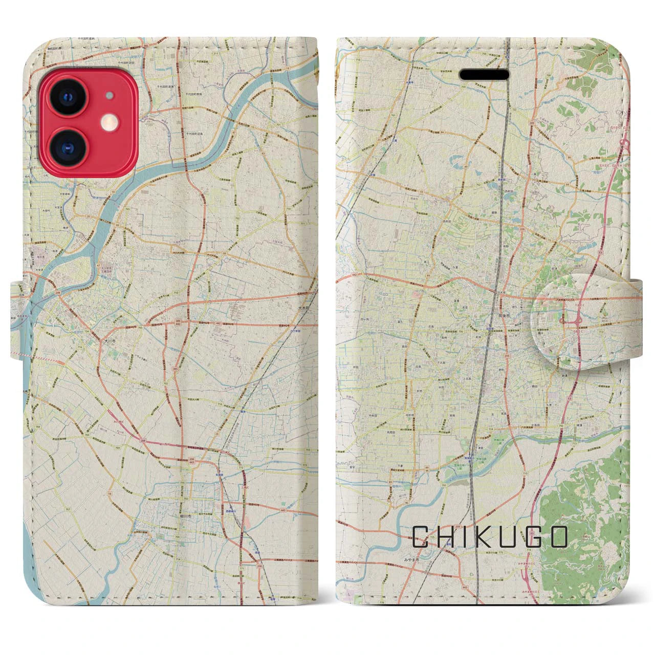【筑後(福岡県)】地図柄iPhoneケース(手帳タイプ)ナチュラル・iPhone 11 用
