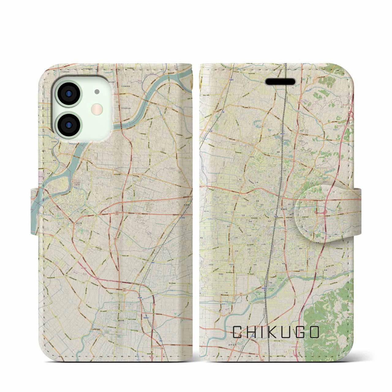 【筑後(福岡県)】地図柄iPhoneケース(手帳タイプ)ナチュラル・iPhone 12 mini 用