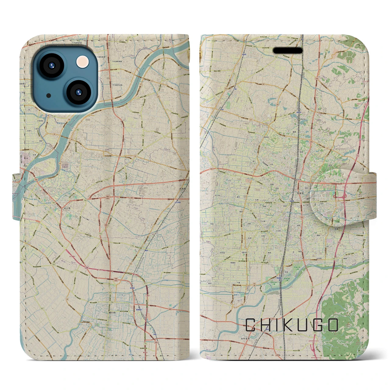 【筑後(福岡県)】地図柄iPhoneケース(手帳タイプ)ナチュラル・iPhone 13 用