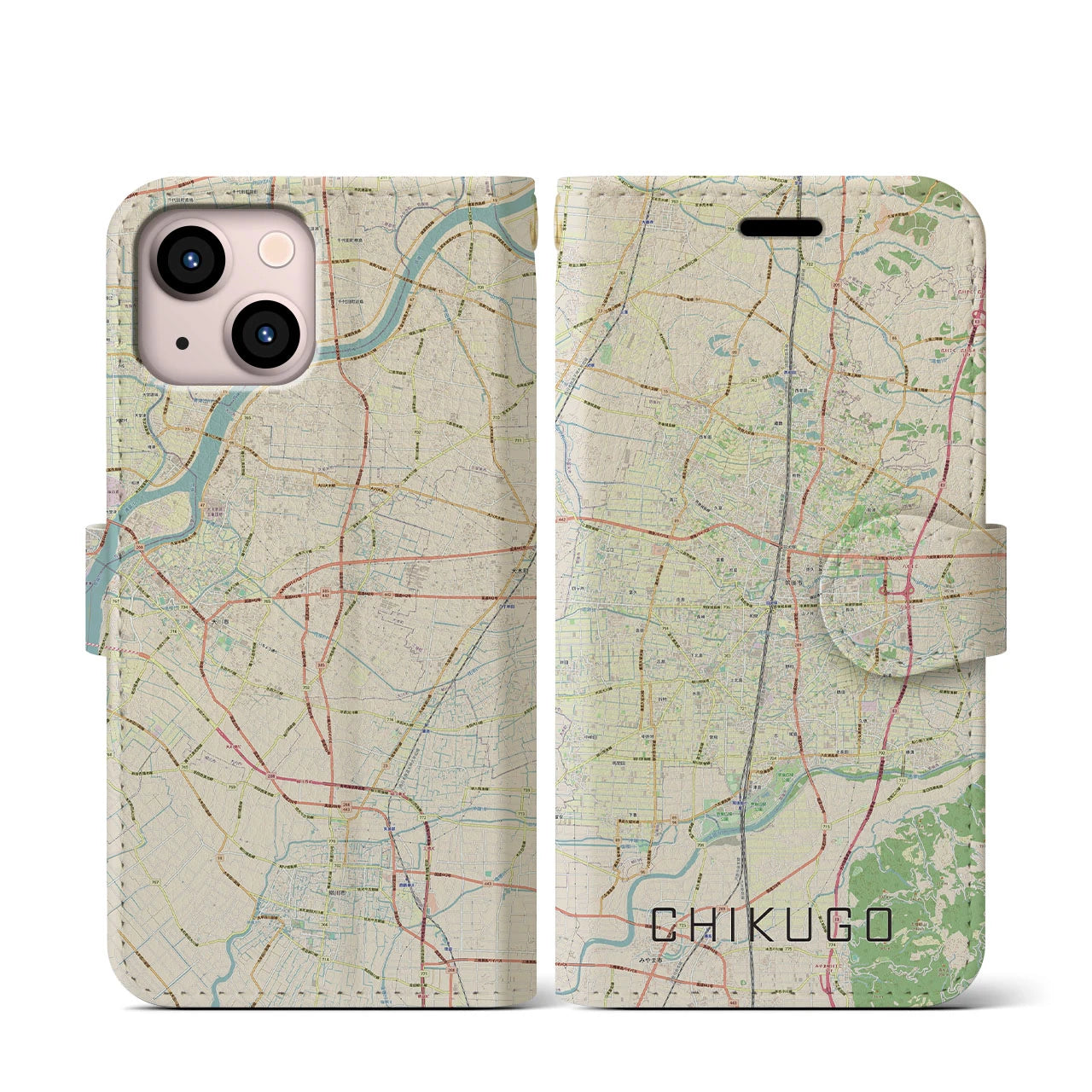 【筑後(福岡県)】地図柄iPhoneケース(手帳タイプ)ナチュラル・iPhone 13 mini 用