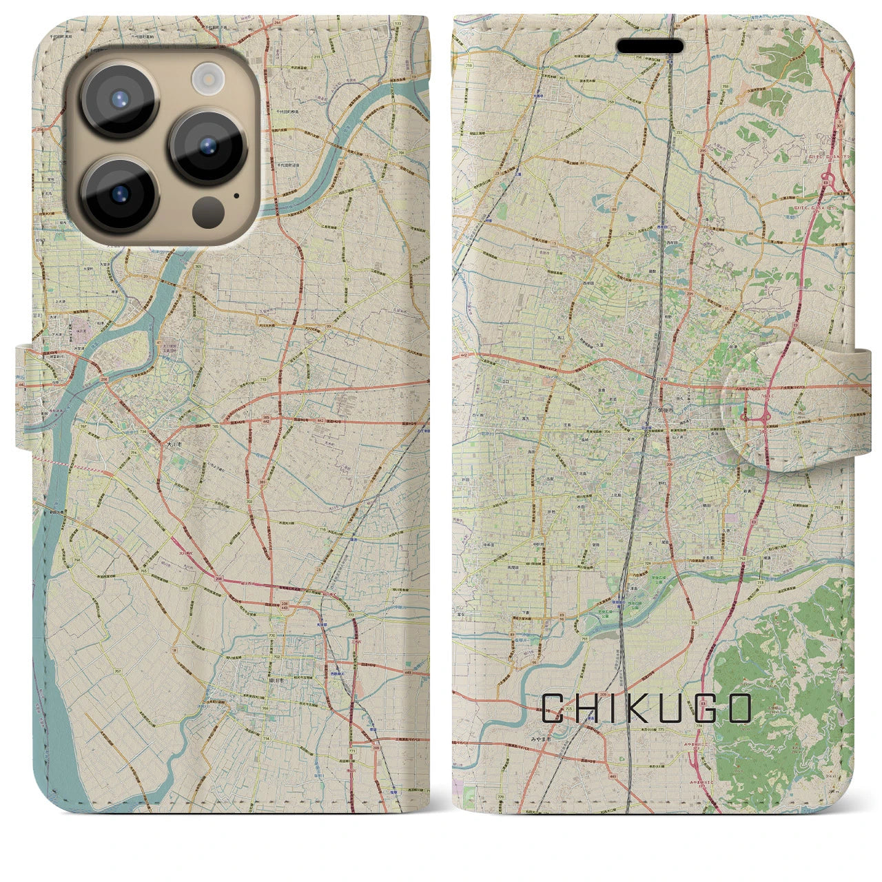 【筑後(福岡県)】地図柄iPhoneケース(手帳タイプ)ナチュラル・iPhone 14 Pro Max 用