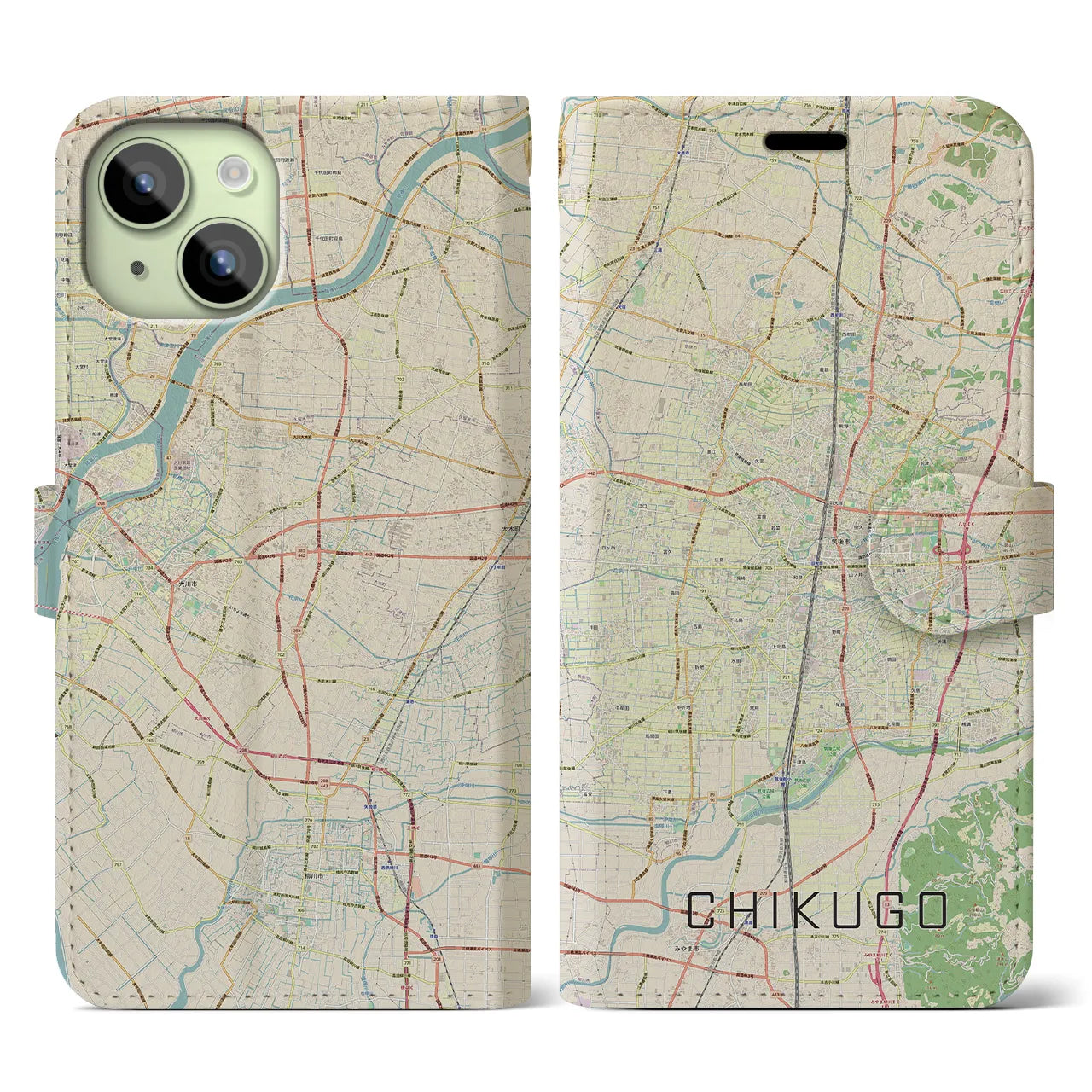 【筑後(福岡県)】地図柄iPhoneケース(手帳タイプ)ナチュラル・iPhone 15 用
