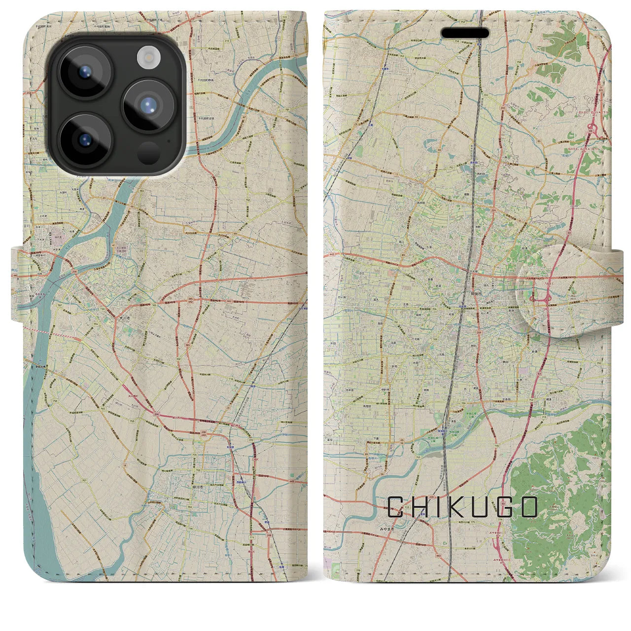 【筑後(福岡県)】地図柄iPhoneケース(手帳タイプ)ナチュラル・iPhone 15 Pro Max 用