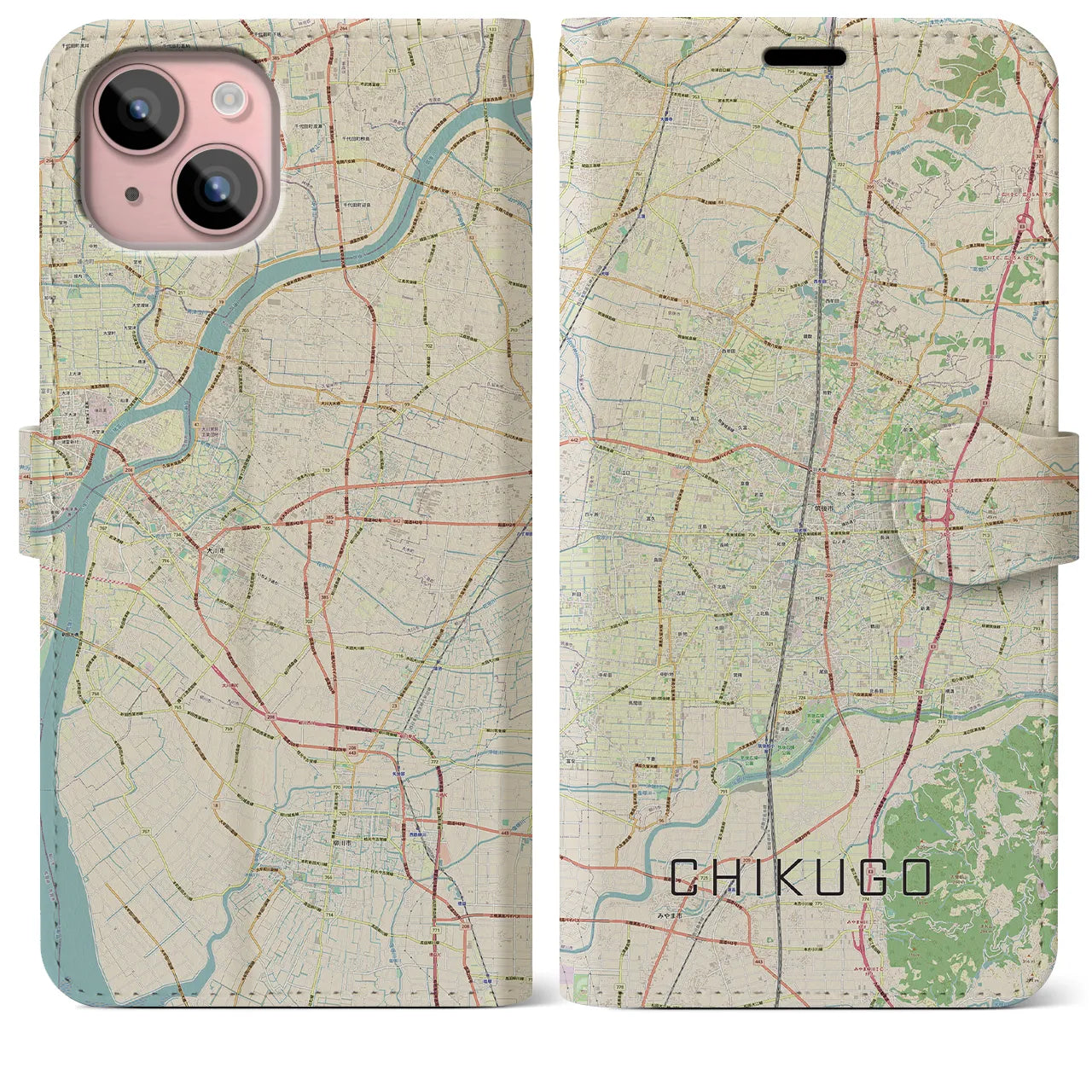 【筑後(福岡県)】地図柄iPhoneケース(手帳タイプ)ナチュラル・iPhone 15 Plus 用