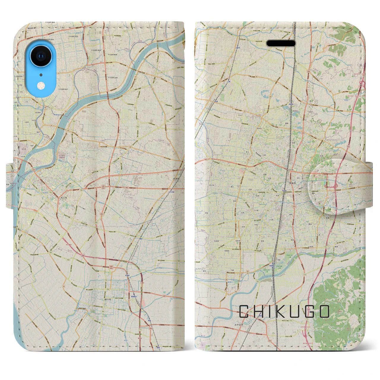 【筑後(福岡県)】地図柄iPhoneケース(手帳タイプ)ナチュラル・iPhone XR 用