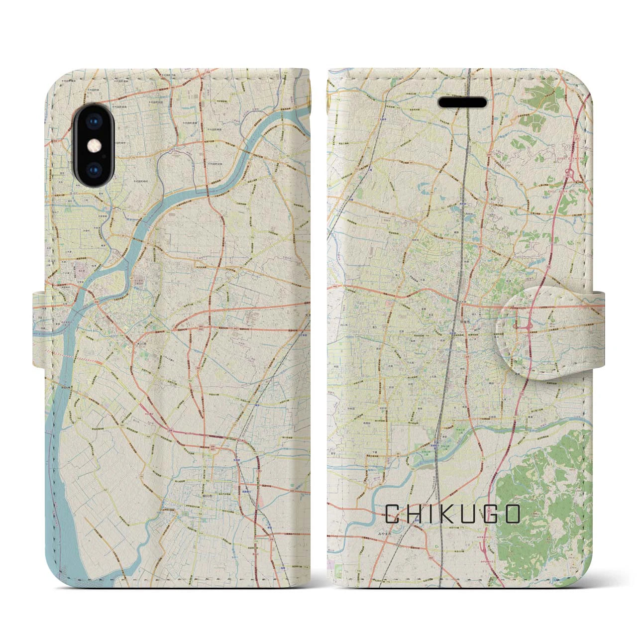【筑後(福岡県)】地図柄iPhoneケース(手帳タイプ)ナチュラル・iPhone XS / X 用