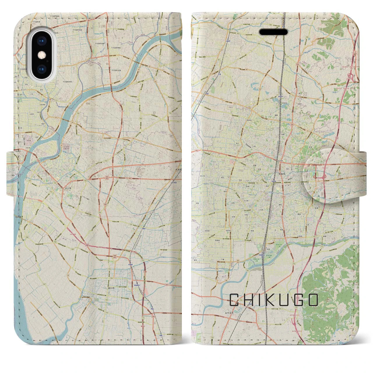 【筑後(福岡県)】地図柄iPhoneケース(手帳タイプ)ナチュラル・iPhone XS Max 用