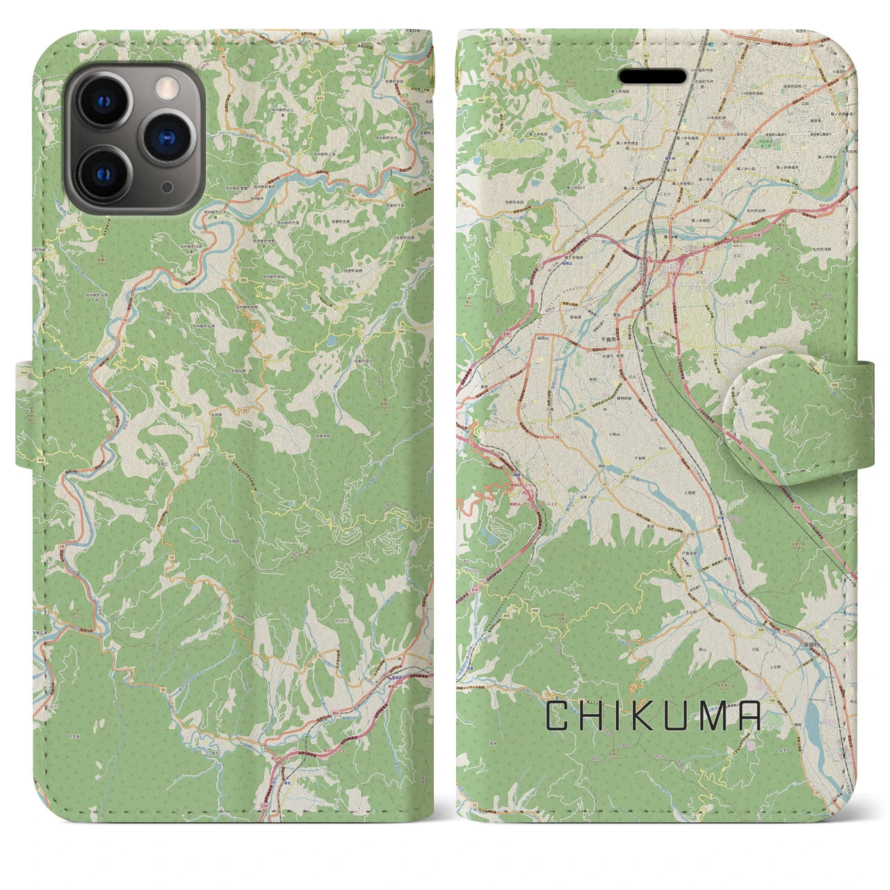 【千曲(長野県)】地図柄iPhoneケース(手帳タイプ)ナチュラル・iPhone 11 Pro Max 用