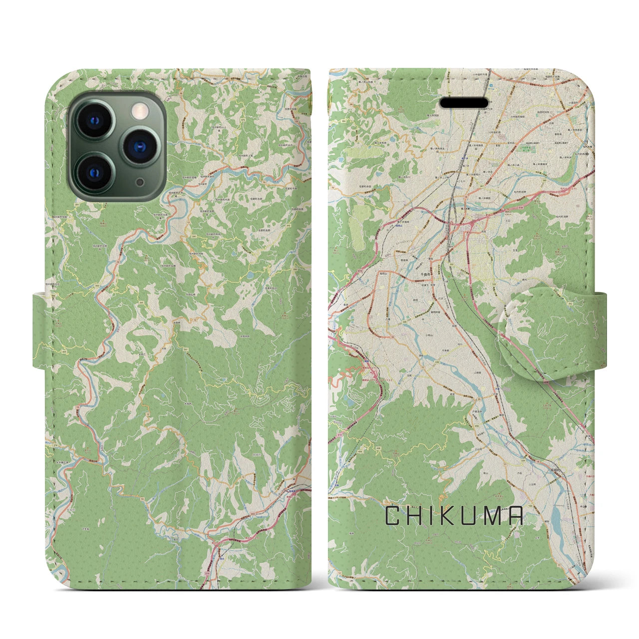 【千曲(長野県)】地図柄iPhoneケース(手帳タイプ)ナチュラル・iPhone 11 Pro 用