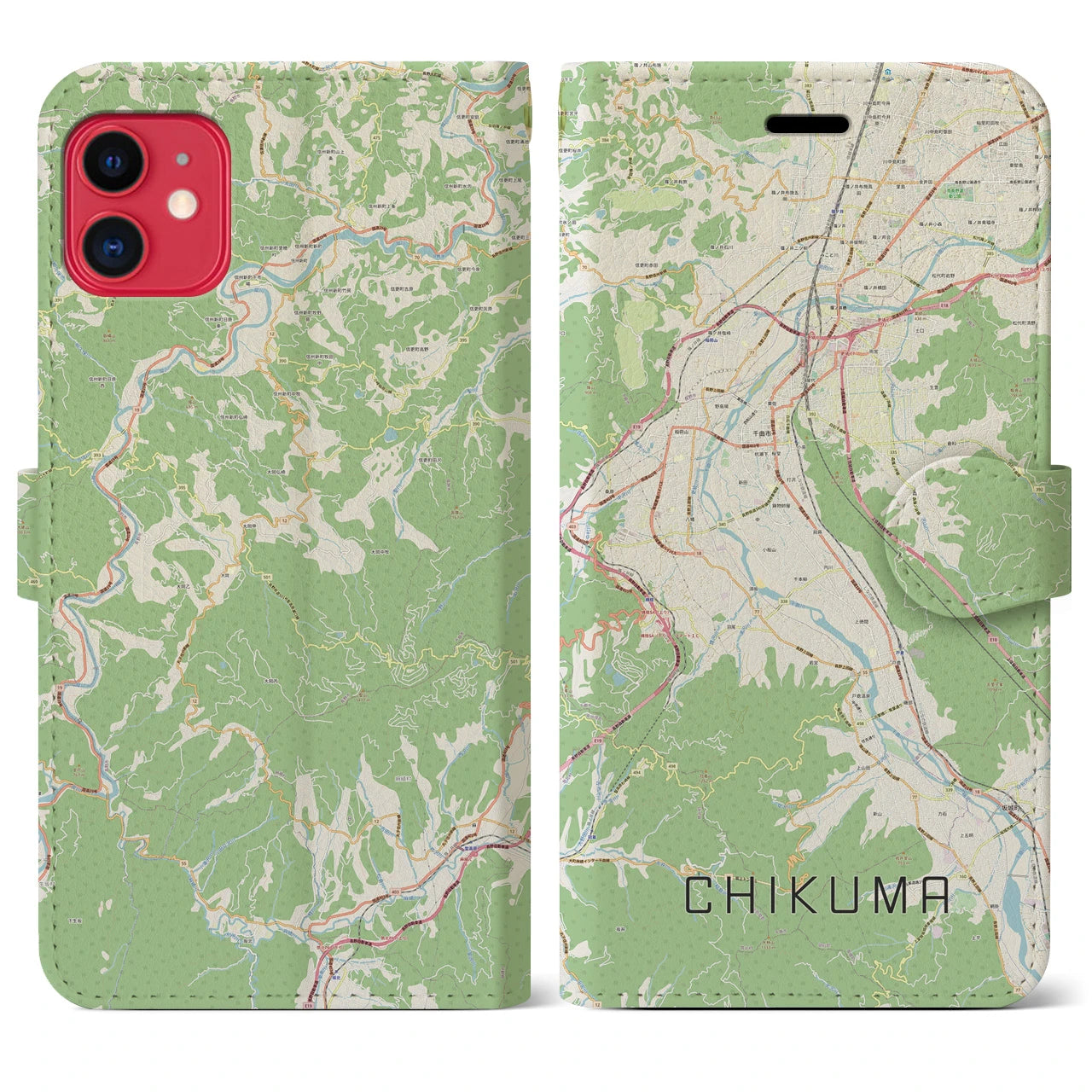 【千曲(長野県)】地図柄iPhoneケース(手帳タイプ)ナチュラル・iPhone 11 用
