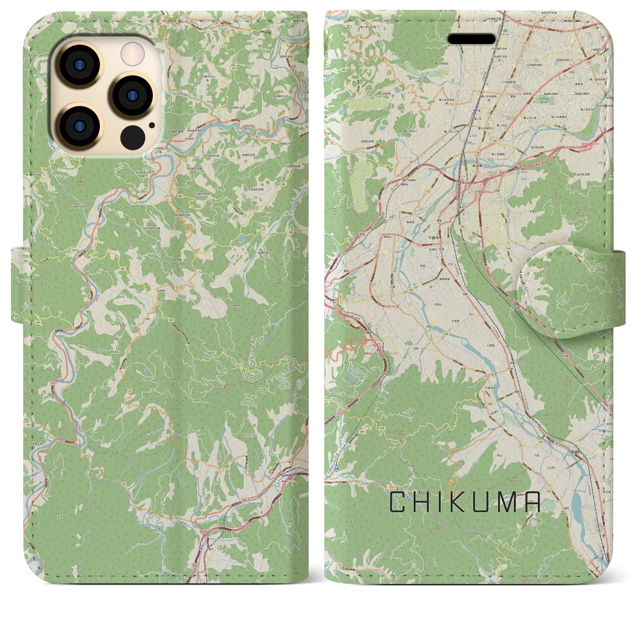 【千曲(長野県)】地図柄iPhoneケース(手帳タイプ)ナチュラル・iPhone 12 Pro Max 用