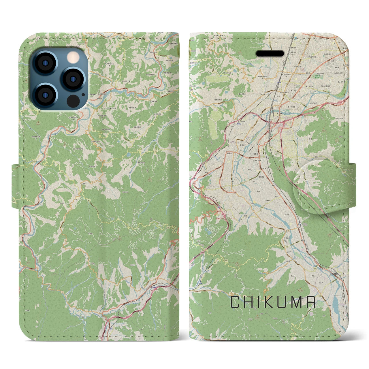 【千曲(長野県)】地図柄iPhoneケース(手帳タイプ)ナチュラル・iPhone 12 / 12 Pro 用