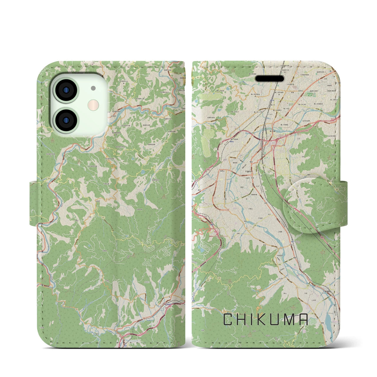 【千曲(長野県)】地図柄iPhoneケース(手帳タイプ)ナチュラル・iPhone 12 mini 用