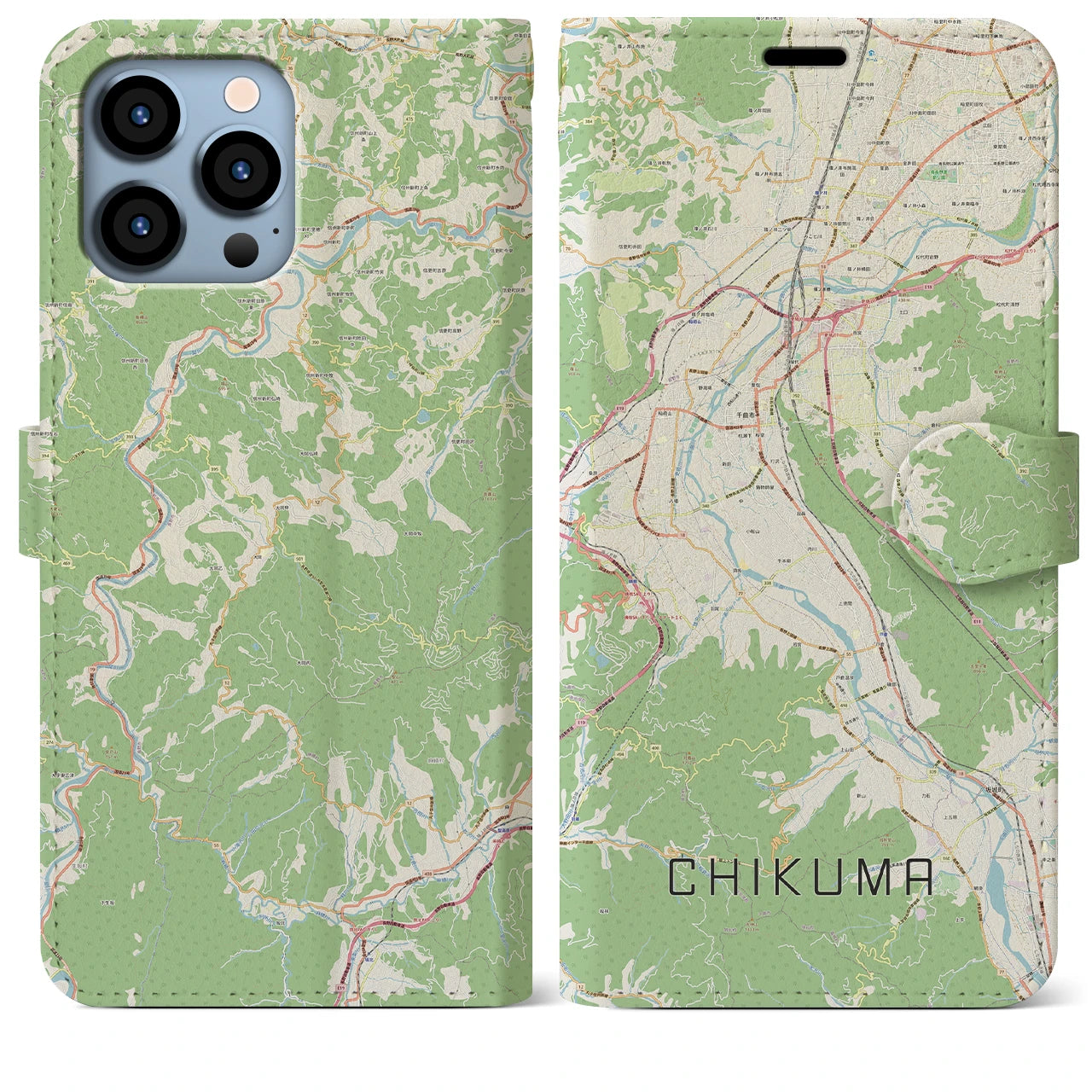 【千曲(長野県)】地図柄iPhoneケース(手帳タイプ)ナチュラル・iPhone 13 Pro Max 用