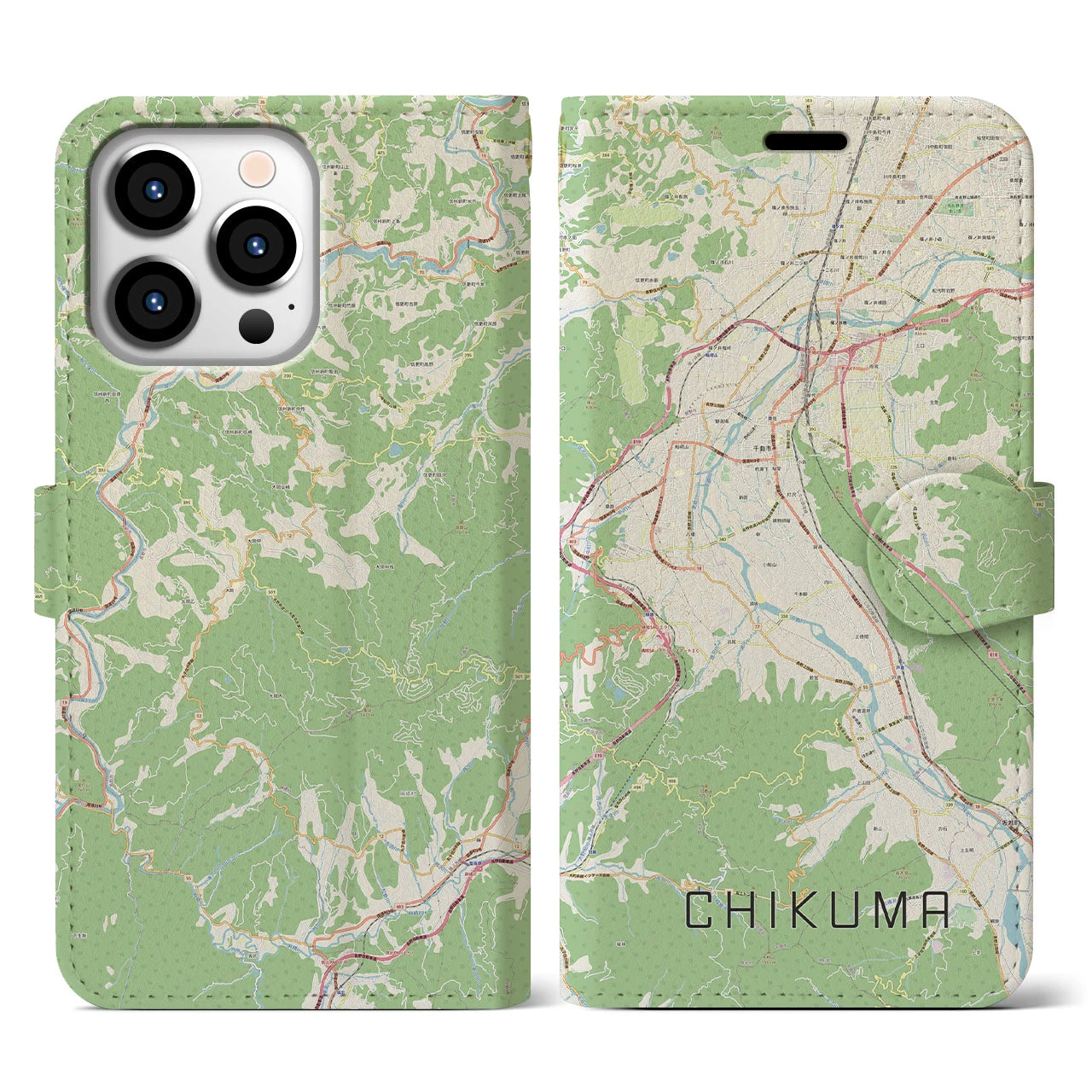 【千曲(長野県)】地図柄iPhoneケース(手帳タイプ)ナチュラル・iPhone 13 Pro 用