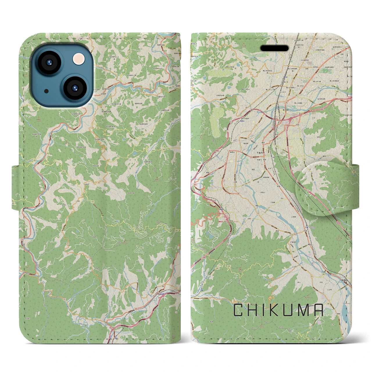 【千曲(長野県)】地図柄iPhoneケース(手帳タイプ)ナチュラル・iPhone 13 用